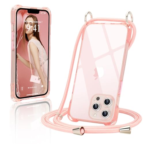 Ethanger Handykette für iPhone 13 Pro Max Hülle mit Band Transparent Silikon Handyhülle zum Umhängen Kordel Abnehmbar Necklace Transparent Case Schutzhülle für iPhone 13 Pro Max Rosa von Ethanger