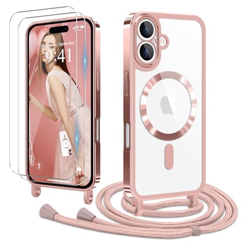 Ethanger Handykette für iPhone 16 Plus Hülle mit Band + 2 Stück Glas Schutzfolie Transparent Silikon Handyhülle Magnetische Schutzhülle Case zum Umhängen Kordel für iPhone 16 Plus Rosa von Ethanger