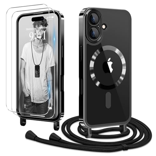 Ethanger Handykette für iPhone 16 Plus Hülle mit Band + 2 Stück Glas Schutzfolie Transparent Silikon Handyhülle Magnetische Schutzhülle Case zum Umhängen Kordel für iPhone 16 Plus Schwarz von Ethanger