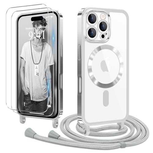 Ethanger Handykette für iPhone 16 Pro Hülle mit Band + 2 Stück Glas Schutzfolie Transparent Silikon Handyhülle Magnetische Schutzhülle Case zum Umhängen Kordel für iPhone 16 Pro Silber von Ethanger