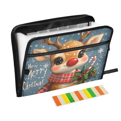 Dokumentenmappe mit Reißverschluss, personalisierbar, Motiv: Frohe Weihnachten, Elch, Schneeflocke, 13 Fächer, A4, Briefgröße, Papier-Organizer, Ordner mit Reißverschluss, für Büro von EtherSpher