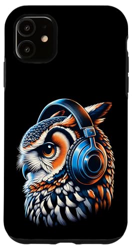 Hülle für iPhone 11 Eule mit Kopfhörern, buntes Tiermotiv, Eule von Eulen Porträt, Musikalische Eule