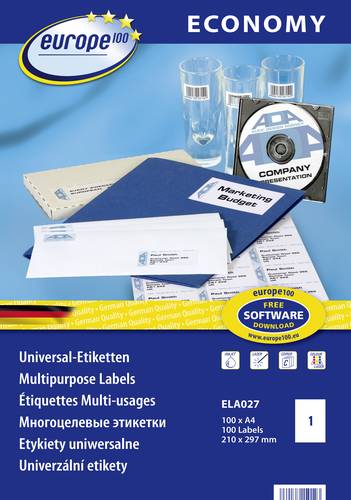 Europe 100 ELA027 Universal-Etiketten 210 x 297mm Papier Weiß 100 St. Permanent haftend Tintenstrah von Europe 100
