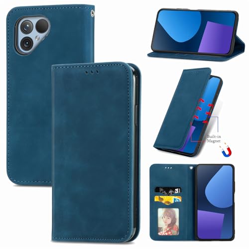 Everainy Kompatibel für Fairphone 5 Hülle Silikon Einfarbig Leder Flip Case Cover Tasche Kartenfach Kickstand Klappbar Magnetisch Hüllen Stoßfest Farbe Handyhülle (Blau) von Everainy-EU