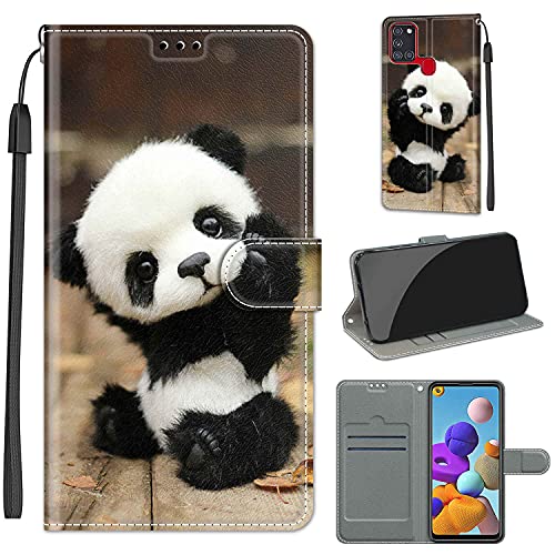 Everainy Kompatibel für Samsung Galaxy A21s Hülle Silikon Leder Flip Case Cover Brieftasche Wallet Kartenfach Kickstand Muster Motiv Klappbar Magnetisch Hüllen Stoßfest Bumper Handyhülle (Panda) von Everainy-EU