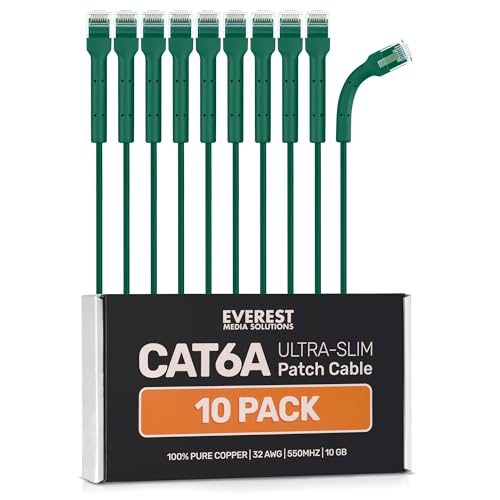 Everest Media Solutions Cat6A ultradünne Patchkabel, biegbar, High-Speed-Ethernet-Kabel, 10 GB, platzsparend, dünn und flexibel, Cat6-Patchkabel, 91 cm, Grün, 10 Stück von Everest Media Solutions