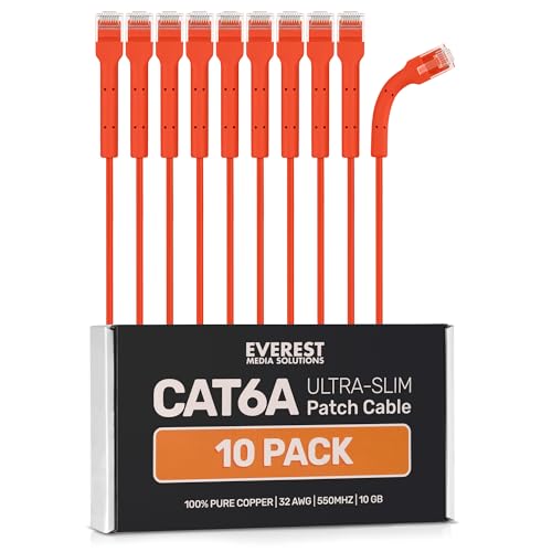 Everest Media Solutions Cat6A ultradünne Patchkabel, biegbar, High-Speed-Ethernet-Kabel, 10 GB, platzsparendes, dünnes und flexibles Cat6-Patchkabel, 2,1 m, Orange, 10 Stück von Everest Media Solutions