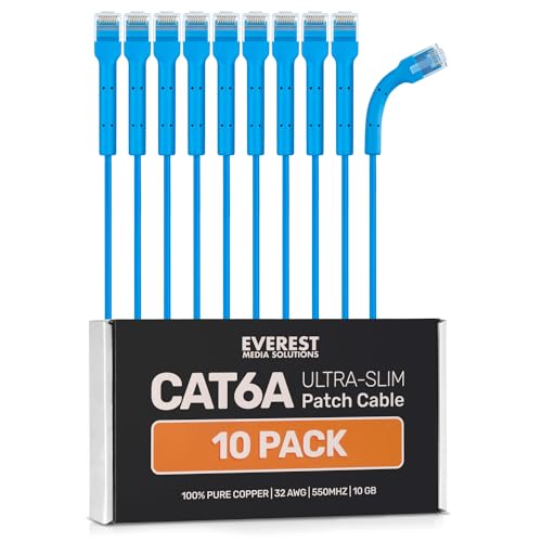 Everest Media Solutions Cat6A ultradünne Patchkabel, biegbar, High-Speed-Ethernet-Kabel, 10 GB, platzsparendes, dünnes und flexibles Cat6-Patchkabel, 60 cm, Blau, 10 Stück von Everest Media Solutions