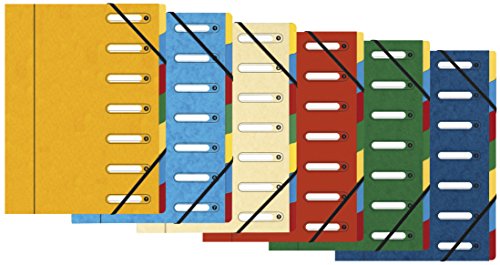 Exacompta 5307E Premium Ordnungsmappe Harmonika. Aus extra starkem Colorspan-Karton DIN A4 7 Fächer und 2 Gummizüge mit Indexfenster und dehnbarem Rücken Register-Mappe 1 Stück Zufallsfarbe von Exacompta