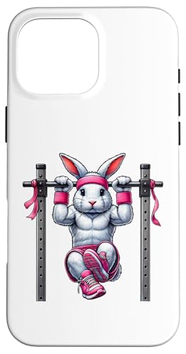 Hülle für iPhone 16 Pro Max Easter Bunny Doing Klimmzüge Gym Fitness Workout Training von Exercise with Easter Bunny