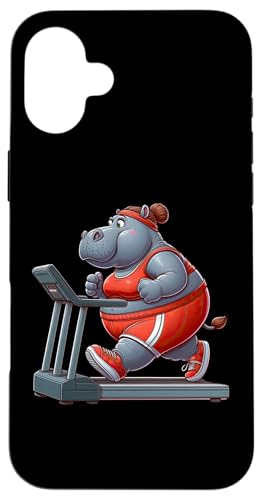 Hülle für iPhone 16 Plus Nilpferd auf dem Laufband Gym Fitness Workout Training Sport von Exercise with Hippo