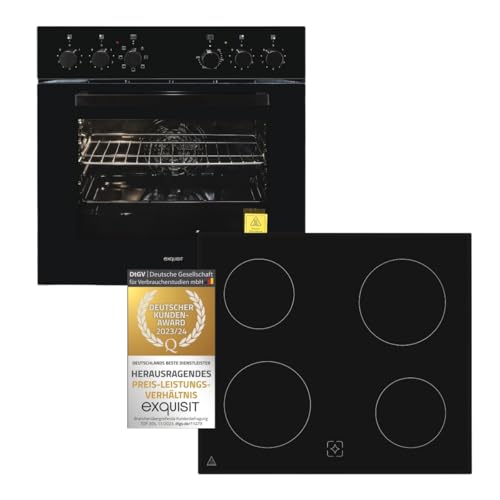 Exquisit Einbauherd-Set Backofen EHE10256-U-020 Set schwarz | Energieeffizienzklasse A | 59 l Garraum | Grill | Umluft | Glaskeramikkochfeld | rahmenlos | Einbaubackofen 60 cm von Exquisit