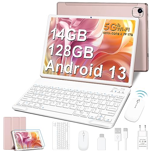 FACETEL Android 13 Tablet 10 Zoll mit 5G WiFi Octa-Core 2.0Ghz Prozessor Ultraschnelles Tablet PC mit 14(6+8) GB RAM + 128GB ROM TF 1TB | 8000mAh | FHD | 5MP+8MP, Tablet mit Tastatur, Gold von FACETEL