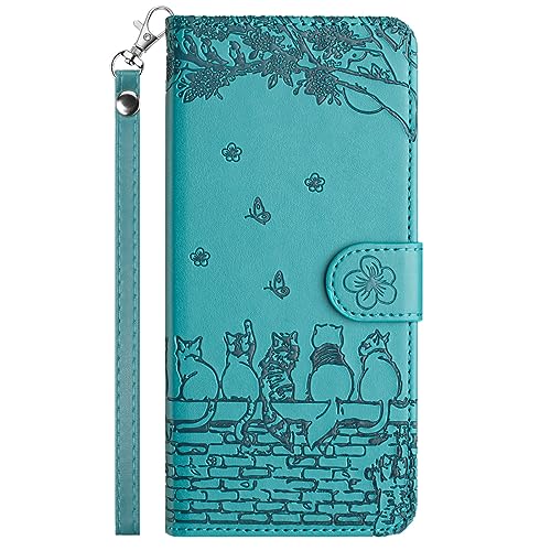 FALUWONRU Hülle für Xiaomi Redmi Note 11S 5G Klappbare, Redmi Note 11S 5G Handyhülle Tasche, Katzen Leder Klapphülle, Flip Case Stoßfeste Magnetische Stand Kartenfächern Schutzhülle, Blau Grün von FALUWONRU