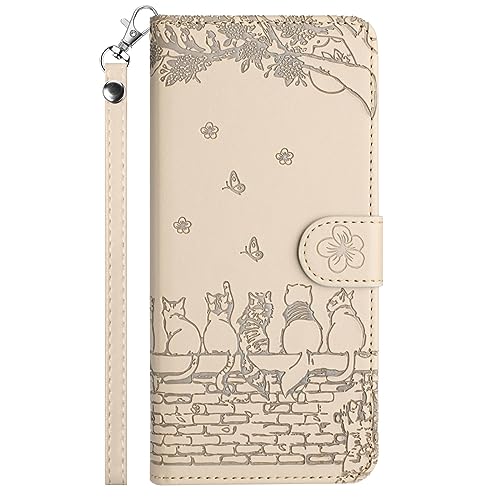 FALUWONRU Hülle für iPhone 16 Pro Max Klappbare, iPhone 16 Pro Max Handyhülle Tasche, Katzen Leder Klapphülle, Flip Case Stoßfeste Magnetische Stand Kartenfächern Schutzhülle, Khaki/Beige von FALUWONRU