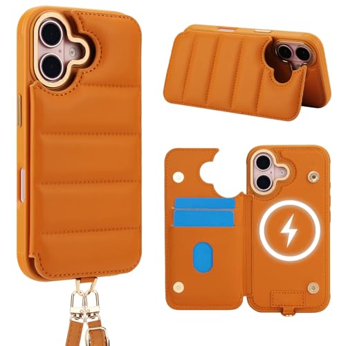 FALUWONRU für iPhone 16 Leder Crossbody handyhülle mit geldbörse mit Verstellbaren Abnehmbaren Lanyard,Frauen Niedlich Luxus Stand hülle mit Kartenhalter ipone-Tasche,Orange von FALUWONRU