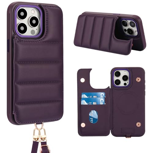 FALUWONRU für iPhone 16 Pro Max Leder Crossbody handyhülle mit geldbörse mit Verstellbaren Abnehmbaren Lanyard,Frauen Niedlich Luxus Stand hülle mit Kartenhalter ipone-Tasche,Tiefviolett von FALUWONRU