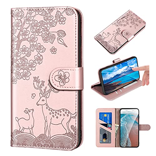 FALUWONRU hülle für iPhone 6 Plus/6s Plus,Sika Hirsch Muster PU+TPU Stoßfeste Handyhülle Brieftasche Klapphülle mit Kartenfach Ständer Leder wallet Flip Phone case cover,Magnetverschluss,Rosa/Roségold von FALUWONRU