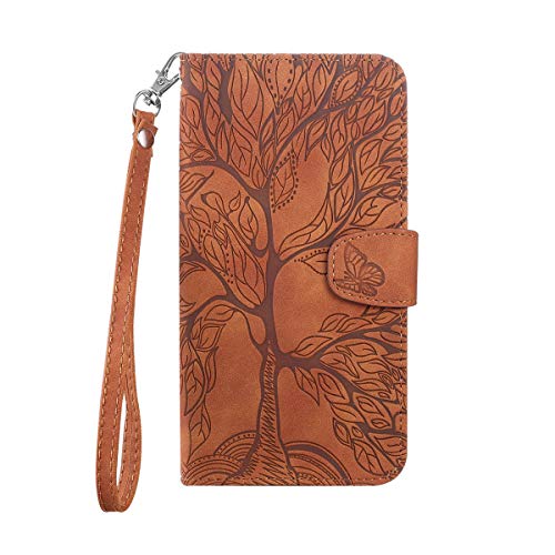 FALUWONRU hülle für iPhone X/XS,Reliefdesign Baum Muster Leder Stoßfeste Handyhülle Brieftasche Klapphülle mit Kartenfäch Ständer PU Leder Wallet Flip Phone case Cover,Braun von FALUWONRU