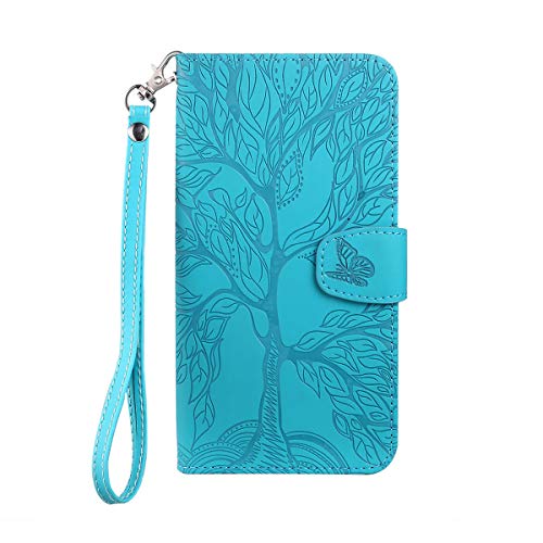 FALUWONRU hülle für iPhone XR,Reliefdesign Baum Muster Leder Stoßfeste Handyhülle Brieftasche Klapphülle mit Kartenfäch Ständer PU Leder Wallet Flip Phone case Cover,Blau von FALUWONRU