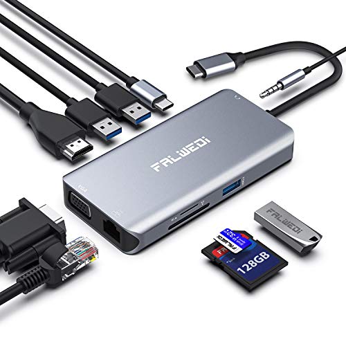 USB C Hub, Typ C Adapter, Falwedi 10-in-1 Dongle mit Ethernet, 4K @ 30Hz HDMI, VGA, 3 USB 3.0, SD/TF Kartenleser, Mikrofon/Audio, USB-C PD 3.0, kompatibel für MacBook Air Pro und andere Typ-C Laptops von FALWEDI