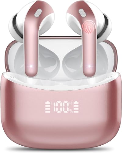 Bluetooth Kopfhörer, Kopfhörer Kabellos Bluetooth 5.3 In Ear Kopfhörer mit 4 ENC Noise Cancelling Mic Earbuds, LED-Anzeige, Kabellose Kopfhörer 52H Tiefer Bass, IP7 Wasserdicht Ohrhörer, Roségold von FAMOO