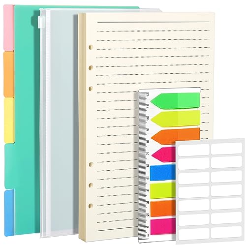 FANDAMEI A5 Papier Linierte Nachfüllbare Notizpapier Set, A5 Nachfüllpapiere Liniert 45 Blätter, 5 Stk. Ordner Trennblätter A5, Umschlägbeutel, 160 Stk. Haftnotizen, Etiketten Selbstklebend von FANDAMEI