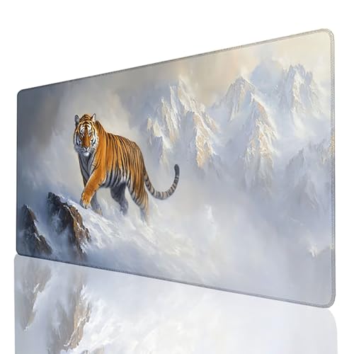 Gaming Mauspad XXL 600 x 300 mm, Schreibtischunterlage Weiß Mousepad Tiger, Desk mat mit vernähten Kanten, rutschfeste Gummibasis Mouse pad für PC Laptop Gaming Zubehör, Geschenk für Männer 25-1-8 von FANLIGZU