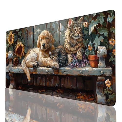 Gaming Mauspad XXL 600x300mm, Schreibtischunterlage Gelb Mousepad Katze, Desk mat mit vernähten Kanten, rutschfeste Gummibasis Mouse pad für PC Laptop Gaming Zubehör, Geschenk für Männer 2W-5-H von FANLIGZU