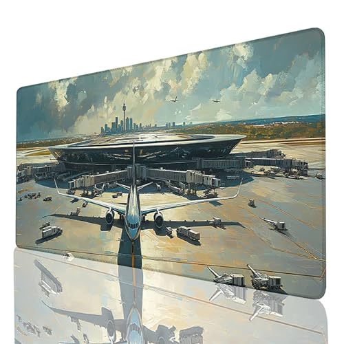 Gaming Mauspad XXL 600x300mm, Schreibtischunterlage Grau Mousepad Flughafen, Desk mat mit vernähten Kanten, rutschfeste Gummibasis Mouse pad für PC Laptop Gaming Zubehör, Geschenk für Männer 2K-2-5 von FANLIGZU