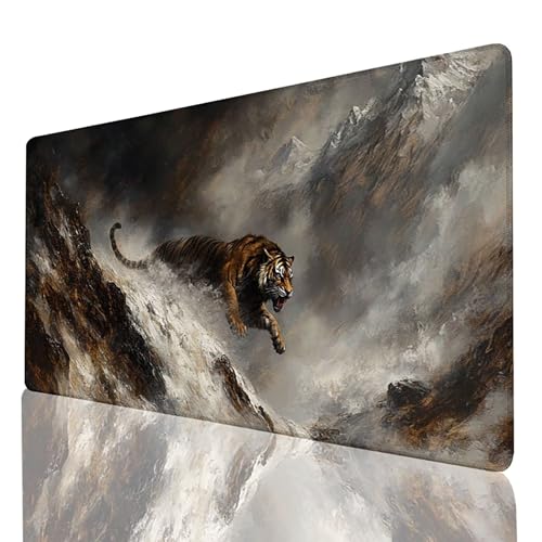 Gaming Mauspad XXL 600x300mm, Schreibtischunterlage Grau Mousepad Tiger, Desk mat mit vernähten Kanten, rutschfeste Gummibasis Mouse pad für PC Laptop Gaming Zubehör, Geschenk für Männer 2B-8-M von FANLIGZU