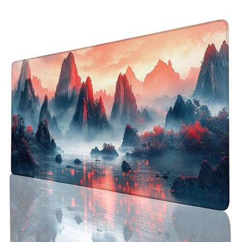 Gaming Mauspad XXL 800x300x3mm, Schreibtischunterlage Rot Mousepad Berg, Desk mat mit vernähten Kanten, rutschfeste Gummibasis Mouse pad für PC Laptop Gaming Zubehör, Geschenk für Männer 48-M-9 von FANLIGZU