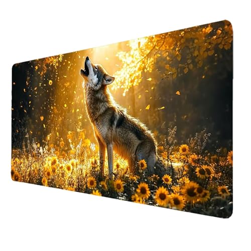 Gaming Mauspad XXL Gelb Mousepad 900 x 400 x 3mm, Wolf Schreibtischunterlage Groß mit Vernähte Kanten WassXerdicht Anti-Rutsch, Gaming Zubehör Verbessert Präzision und Geschwindigkeit, für PC 7403 von FANLIGZU