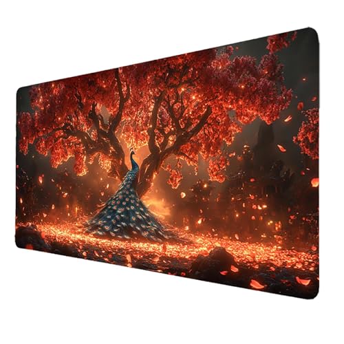 Mauspad 700x300x3mm, Rot Mousepad Gaming WassXerdicht Anti-Rutsch mit Vernähte Kanten, Desk Mat Pfau Mouse Pad Pc Zubehör Gaming, Großes Mauspad Gaming Zubehör für Familie Schreibtischdekoration 8835 von FANLIGZU