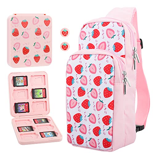 FANPL Tragetasche für Nintendo Switch/OLED/Lite Reisetasche, Rosa Schulterrucksack Set mit Spielhülle und Daumengriffkappen, Switch Zubehör Tragbare Crossbody Tasche mit Erdbeere für Mädchen von FANPL