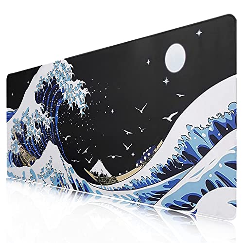 Gaming Laptop Mauspad,Sea Wave Big Desk Pads PC Tastatur wasserdicht und rutschfest 35.4 x 15.7inches 2mm Thick XL,XXL Gummi Tischmatte, Kanagawa Surfen und Schwarz Japanische Mauspads von FANRTE