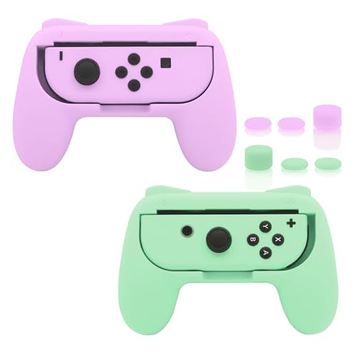 FASTSNAIL Gummierte Griffe Kompatibel mit Nintendo Switch für JoyCon, Halterung Gaming Controller Kompatibel mit Switch OLED, mit 3 Paar Daumengriffen(Lila + Grün) von FASTSNAIL