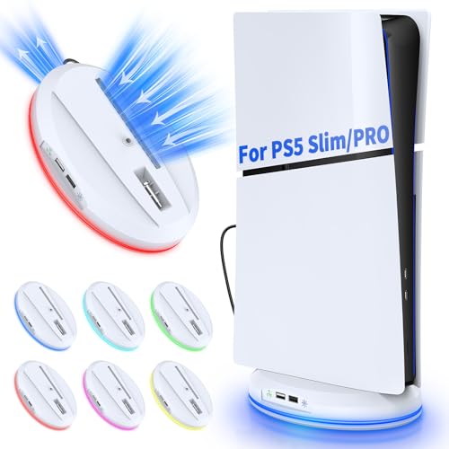 FASTSNAIL Standfuß mit Lüfter für PS5 Slim/Pro Konsole, LED Ständer kompatibel mit Playstation5 Slim/Pro Digital/Disc Edition，Zubehör für PS5 Slim/Pro von FASTSNAIL