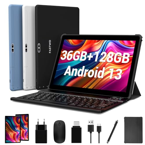 FASTWD Tablet 2024 Newest Android 14 Tablet 10 Zoll, Tablet PC 5G WiFi 36 GB RAM + 128 GB ROM (1 TB TF), Akku 8000 mAh, Tablet 2 in 1 mit Tastatur, Stift, Maus, Grau von FASTWD