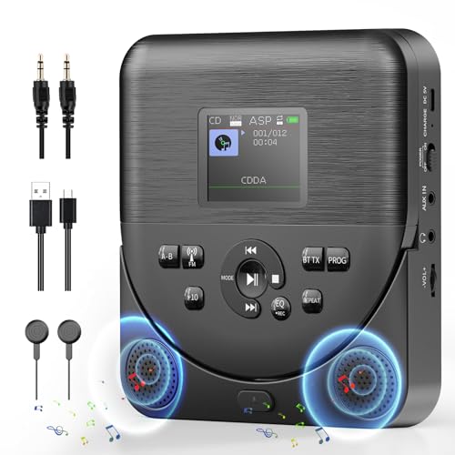 CD Player Tragbar, FELEMAN CD Player Bluetooth mit Lautsprechern/Kopfhörern/Display, wiederaufladbar discman, CD Player Auto mit FM-Transmitter, mit TF-Kartenleser 3,5-mm-AUX-Kabel, Schwarz von FELEMAN