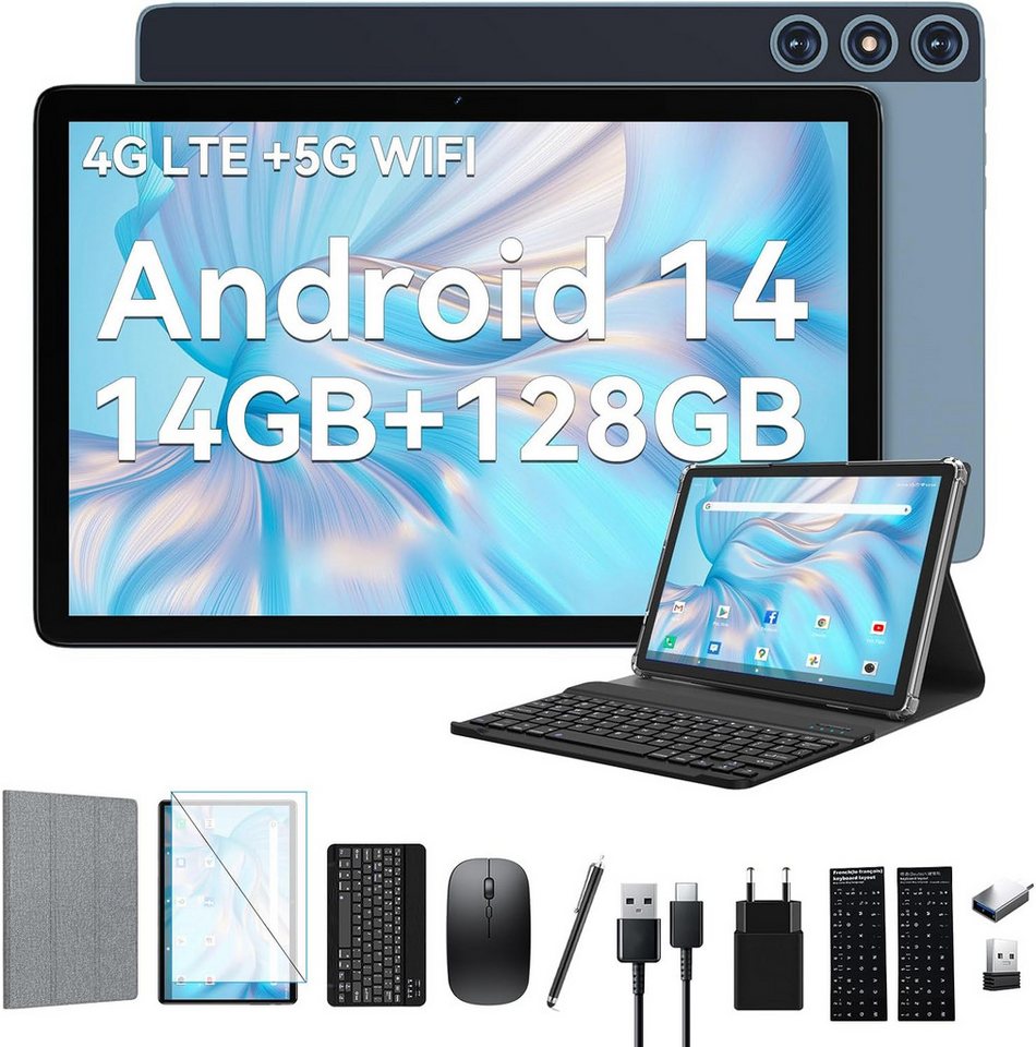 FEONAL Multitasking Tablet (10.1", 128 GB, Android 14, 2,4G+5G, mit UNISOC T606, FHD Display,KI-Technologien, 7000mAh Akku,Schutzhülle) von FEONAL