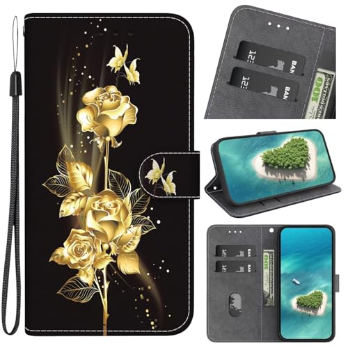 FERLAN Handyhülle Kompatibel mit Motorola Edge Plus Hülle, Leder Schutzhülle Brieftasche Hülle Flip Case 3D Muster Cover mit Kartenfach Magnet Tasche Handyhüllen,Goldene Schmetterlingsrose von FERLAN