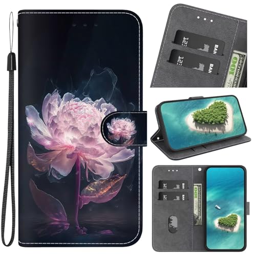 FERLAN Handyhülle Kompatibel mit Samsung Galaxy S23 Hülle, Leder Schutzhülle Brieftasche Hülle Flip Case 3D Muster Cover mit Kartenfach Magnet Tasche Handyhüllen,Lila Pfingstrose von FERLAN