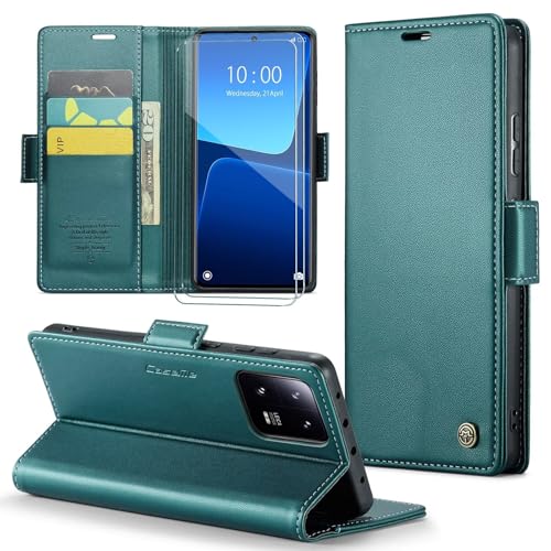 FERLAN Handyhülle für Xiaomi 13 Pro Hülle + 2 Stück Panzer Schutz Glas, Premium PU Schutzhülle, Magnetisches Flip Case für Xiaomi 13 Pro- Grün von FERLAN