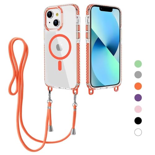 FERLAN Handykette Hülle für iPhone 15 mit Band, Magnetische Transparent Handyhülle Kompatibel mit MagSafe, Necklace Hülle mit Band,Handyhülle für zum Umhängen,Case mit Schnur,Orange von FERLAN