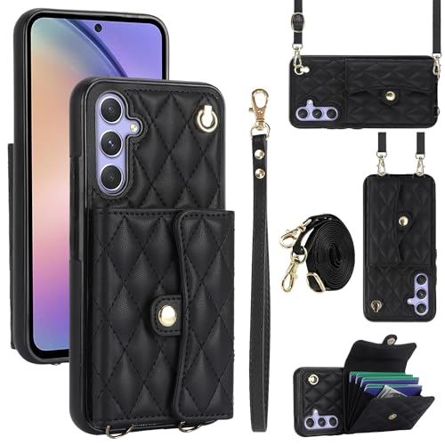 FERLAN Handykette Hülle kompatibel Samsung Galaxy A54,Band Hülle aus Mikrofaserleder mit Geldbörse und Kartenfach,Crossbody-Reißverschluss-Hülle mit Gurt am Handgelenk - Schwarz von FERLAN