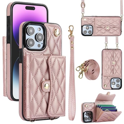 FERLAN Handykette Hülle kompatibel iPhone 15 Pro Max,Band Hülle aus Mikrofaserleder mit Geldbörse und Kartenfach,Crossbody-Reißverschluss-Hülle mit Gurt am Handgelenk - Roségold von FERLAN