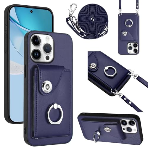 FERLAN Schutzhülle für Oppo Reno 12 Pro,Brieftasche mit Kartenhalter für Frauen,Hülle mit Riemen am Handgelenk un Ring für Oppo Reno 12 Pro,Blau von FERLAN