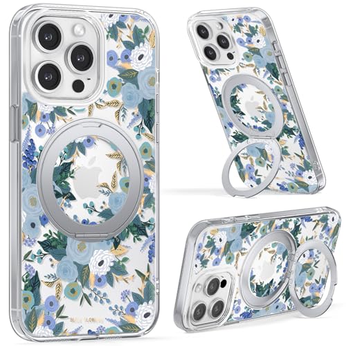 FEWGEY Magnetische Handyhülle mit Halterung für iPhone 15, [Eingebaute Halterung] Transparente Original-Illustration TPU Stoßfest Handyhülle mit Transparent Blau Blume von FEWGEY