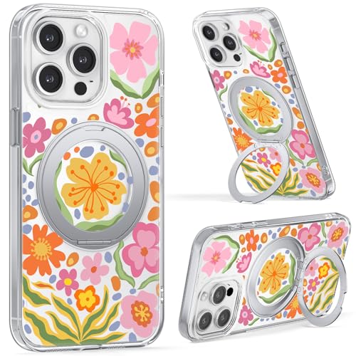 FEWGEY Magnetische Schutzhülle für iPhone 15, [integrierter Ständer] Transparente Original-Illustration TPU-Schutzhülle mit transparenten gelben Blumen von FEWGEY